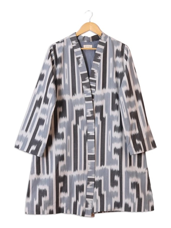 Novica Jackets & Blazers - Novica Ikat-Patterned Blue and Black Cotton Oversized Coat Size Small